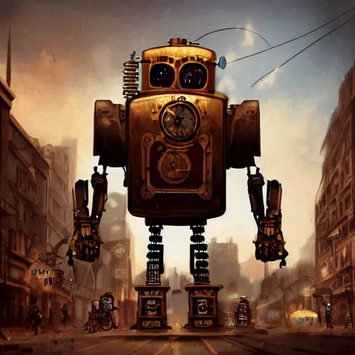 Prompt: Gigantinc steampunk robot standing in a steampunk city, digital art, artstation, detailed, realistic