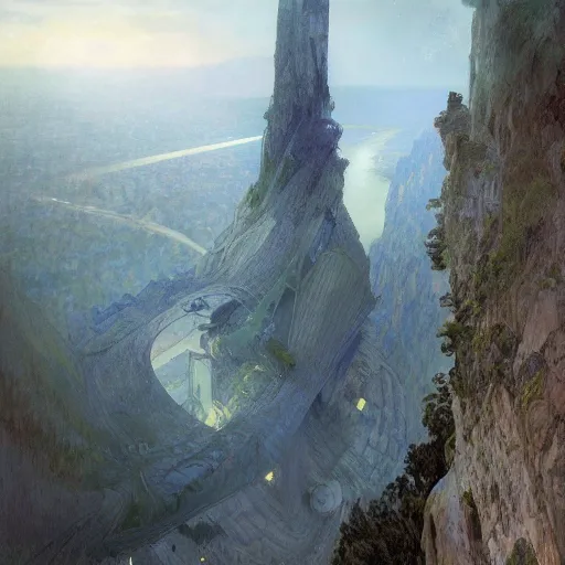 Prompt: hyperrealist portrait of a vast cliff face with one enormous futuristic building jutting out with a bridge to it and suspension cables, over a masive river valley at night by jeremy mann and alphonse mucha and alan lee, fantasy art, photo realistic, dynamic lighting, artstation, poster, volumetric lighting, very detailed faces, award winning, full face, symmetry