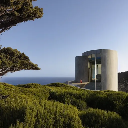 Image similar to castle designed by renzo piano overlooking big sur. landscape design by andre le notre. w 1 0 8 8
