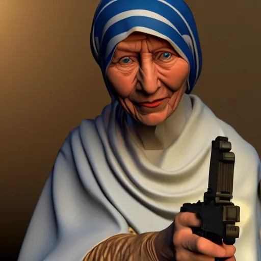 Image similar to pov mother theresa pointing a submachine gun at the camera, 3d model, hyperrealistic, dynamic shadows, dynamic lighting