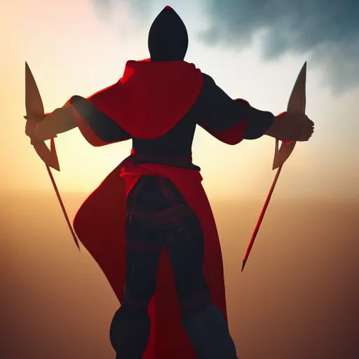 Image similar to view from the back warrior holding two swords, full body worn out damaged cape, red hoodie, worn out clothes, floating sand, concept art, volumetric light, full body shot, 8K, trending on artstation