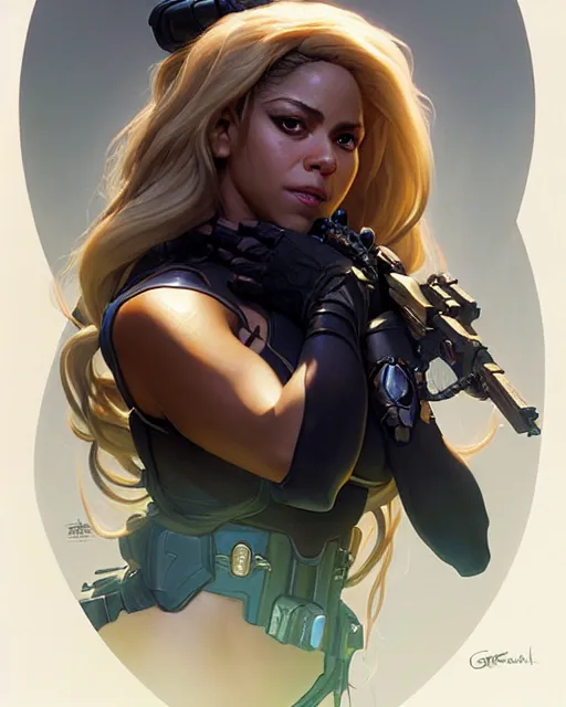 Image similar to shakira as widow from overwatch, portrait, close up, concept art, intricate details, highly detailed by greg rutkowski, michael whelan and gustave dore