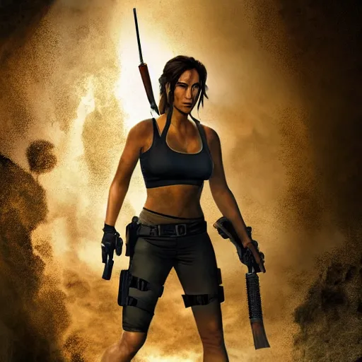 Image similar to A photograph of Lara Croft looking off camera in the style of Annie Leibovitz, high quality, studio quality, studio lighting