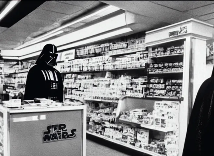Prompt: film still of Darth Vader working as a clerk in a convenience store in the new Clerks movie 1994