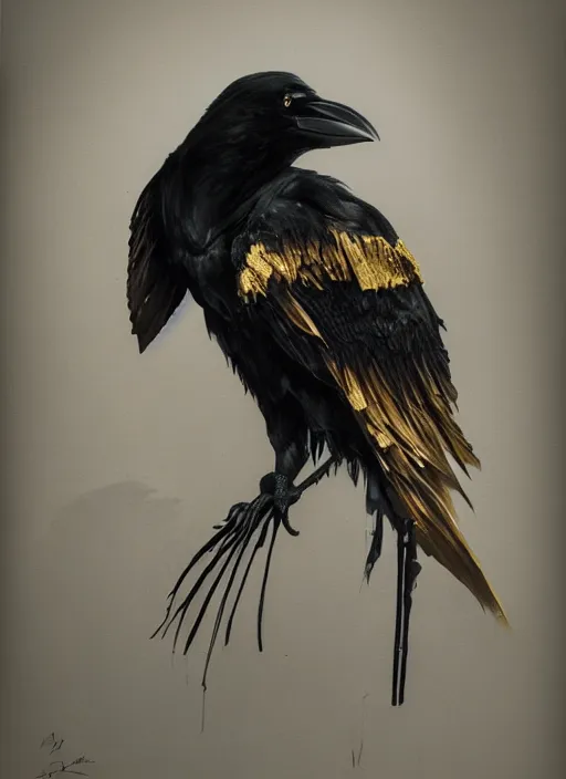 Image similar to crow, award - winning painting, abstract, gold and silver shapes, elegant, luxurious, beautiful, lovecraftian, beksinksi, chiaroscuro