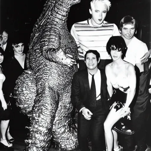 Prompt: godzilla partying at studio 5 4 b & w grainy photograph lots of celebrities including andy warhol