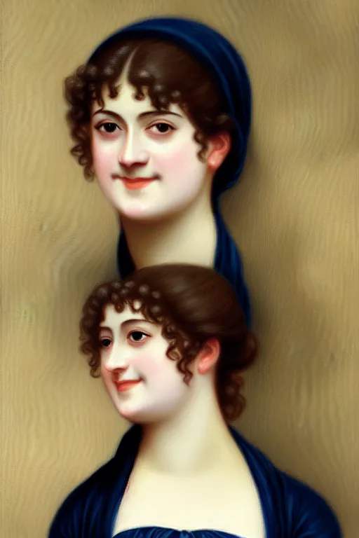 Image similar to jane austen, smile, painting by rossetti bouguereau, detailed art, artstation