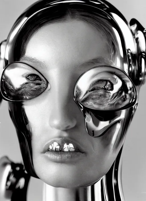 Prompt: hyper realistic and detailed closeup photo of a chrome female gynoid by annie leibovitz