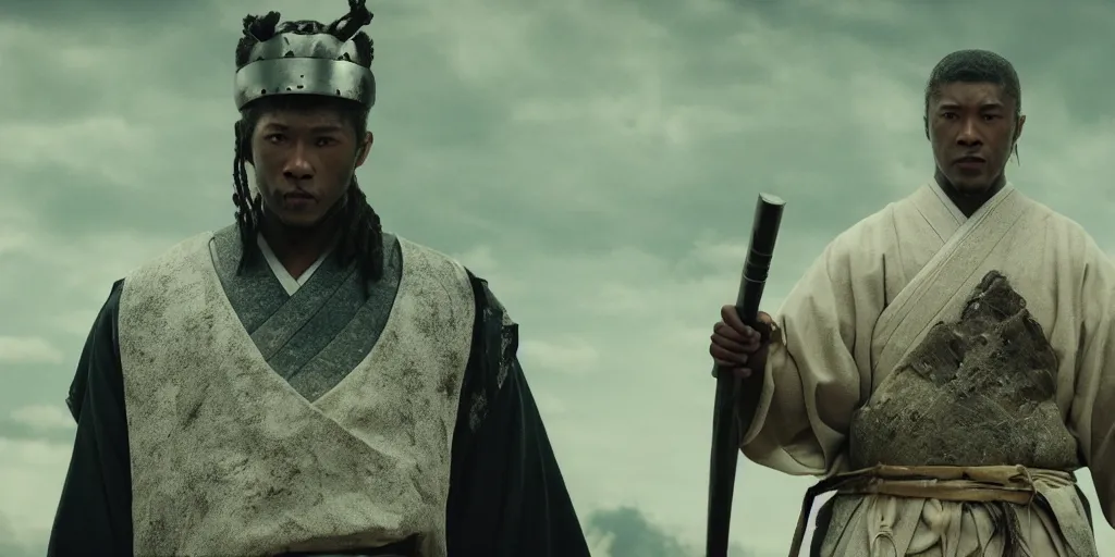 Image similar to a film still of a black man starring in a japanese blockbuster film as san ancient samurai, shallow depth of field, cinematic, award winning cgi, vfx, film still