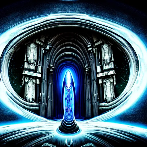 Prompt: majestic portal to another dimension, with turbulent image of different time space reality, divine lighting, ethereal, sci fi, high detail, intricate, giger, photo realistic, 8 k