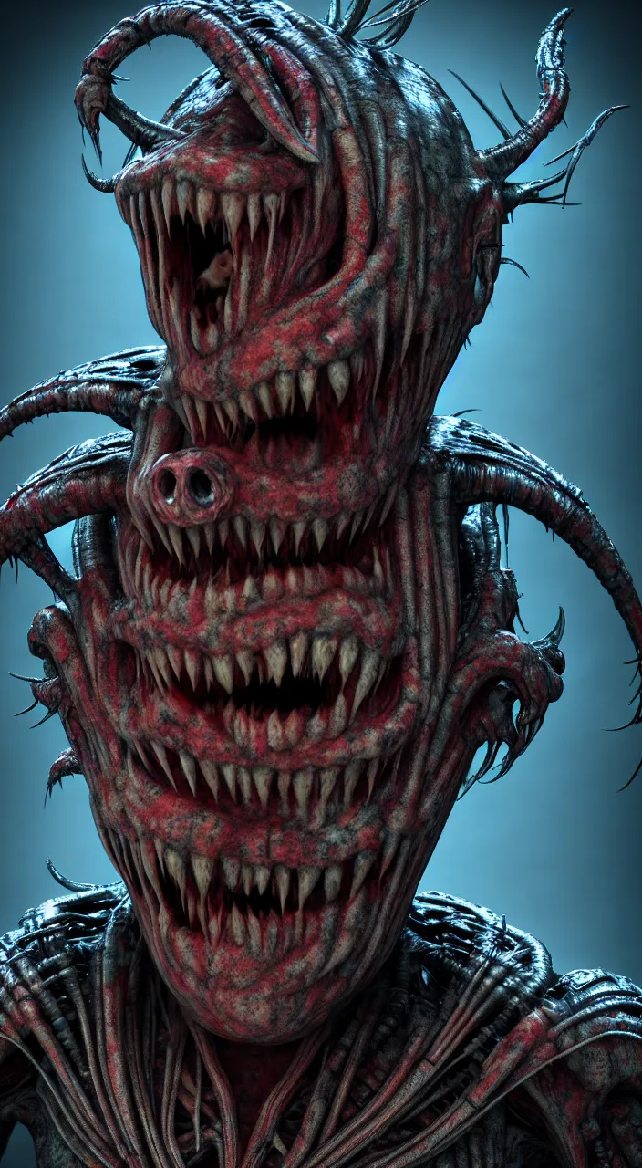 Image similar to gary busey as a monster designed by hr giger, colorful horror video game, sci fi horror,, body horror, unreal engine, octane render, depth of field, cycles render, hd