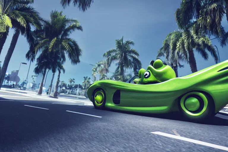 Image similar to frog wearing a suit driving a car in the front seat, palm trees, 3 d render, octane render, unreal engine, hyper detailed