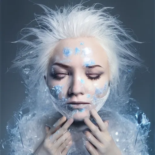 Prompt: female, no makeup, inside glass sarcophagus, frost roses on glass, complex hyperdetailed technical suit. white hair flowing, cryo sleep, pale blue tint, sci - fi, futuristic, ultra realistic, wide angle.