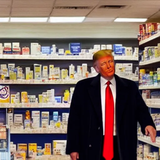 Image similar to photograph of donald trump at the pharmacy picking up adderall, photo by james cameron, amazing lighting