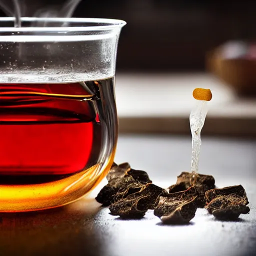 Prompt: Wish horse stable teabag in a tcup. Great value stable shaped cherry flavoured teabags. Great for horse lovers. Photograph of a teabag brewing in water, dslr, hd, award winning shot.