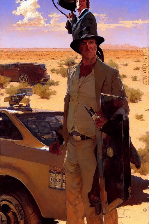 Prompt: saul goodman at a lonely!!!! pay phone in the desert!!!!, painting by'phil hale '!!! gaston bussiere, craig mullins, greg rutkowski, alphonse mucha, lady liberty