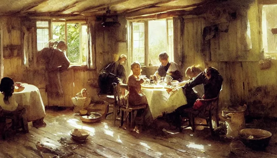 Prompt: simple villager family about to eat a meal together in their beautiful simple cottage home, art by anders zorn, wonderful masterpiece by greg rutkowski, beautiful cinematic light, american romanticism thomas lawrence, greg rutkowski