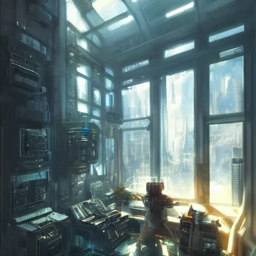 Image similar to cyberpunk living room interior, windows, light rays, buildings, dystoptian, gorgeous view, depth, painted by Seb McKinnon, clouds, tending on artstation