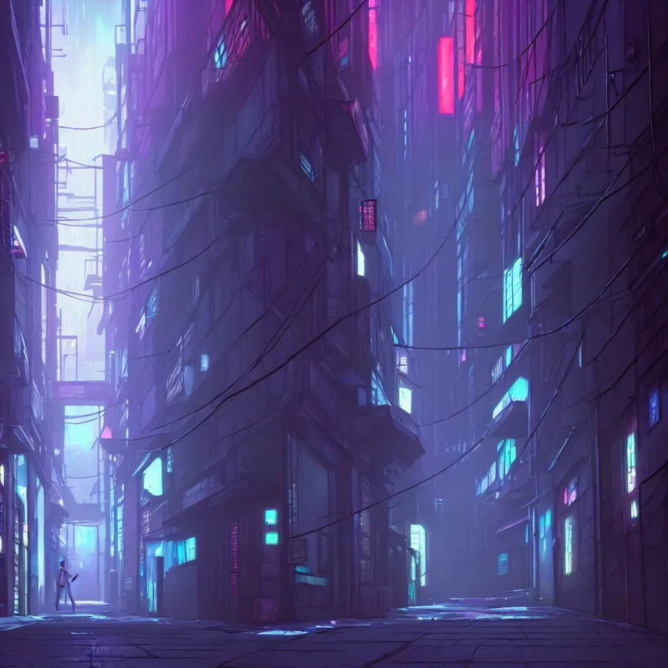 Image similar to city alleyway in the atmospheric cyberpunk anime film, gouache matte background painting, neon noir, at night with lights, by makoto shinkai, in the anime series ergo proxy, beautiful specular edge highlights and rim lighting