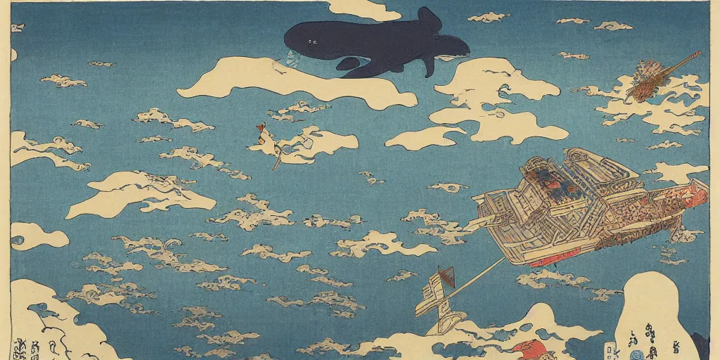 Image similar to a upside down city with giant whale flying in the sky, by Hokusai