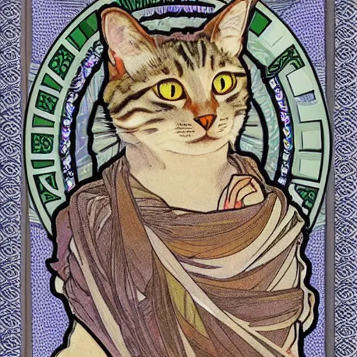 Prompt: gray tabby cat highly detailed in the style of Alphonse Mucha