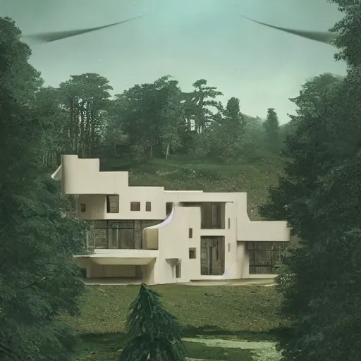 Image similar to beige rectangular house with big atrium surrounded by collumns, on a hill surrounded by big trees, dramatic lighting, artstation, matte painting, raphael lacoste, simon stalenhag, frank lloyd wright, zaha hadid, drone view