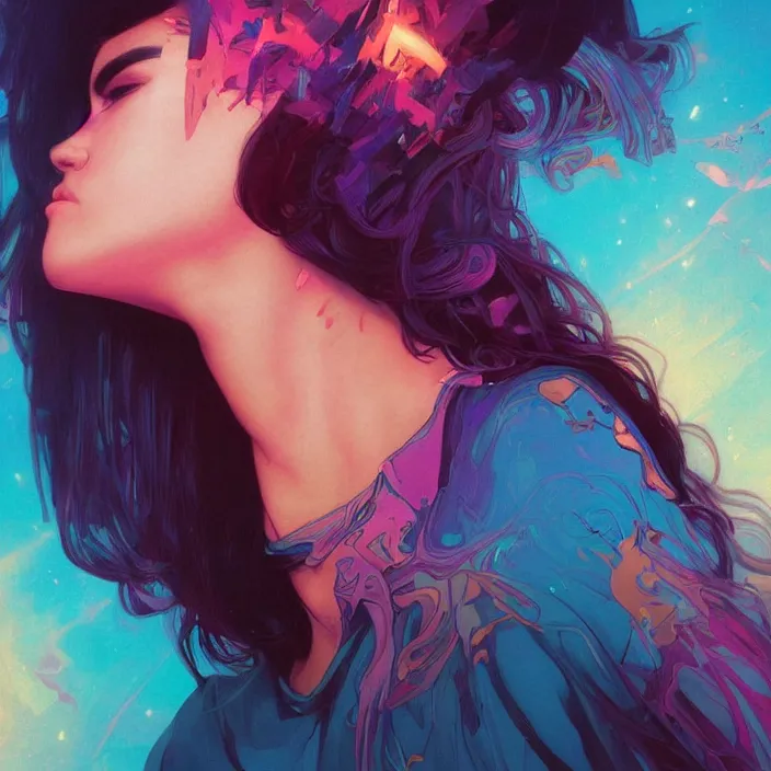 Image similar to young woman, gorgeous face, vaporwave aesthetic, synthwave, colorful, psychedelic, broken, shattered, beaten, sadness, crying, tears, artstation, concept art, smooth, extremely sharp detail, finely tuned detail, 8 k, ultra sharp focus, illustration, art by artgerm and greg rutkowski and alphonse mucha