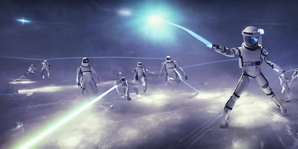 Image similar to futuristic spacemen firing lasers in zero gravity, skintight suits, floating, floating white star - shaped obstacles, surrounded by a laser grid, unreal engine, lensflares, low perspective