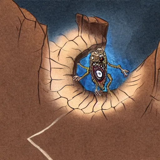 Image similar to a mimic jumping out of it's disguise as a basketball inside of a cave gnarling it's teeth ready to attack, fantasy, digital painting