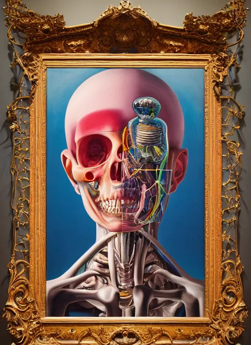 Prompt: a beautiful and highly detailed painting of an anatomical portrait wearing overalls, inside a grand room lined with paintings, emotionally expressive, oil painting, soft light, cinematic composition, cinematic lighting, sharp focus, masterpiece by shusei nagaoka kaws, david rudnick, airbrush on canvas, pastell colors, cell shaded 8 k