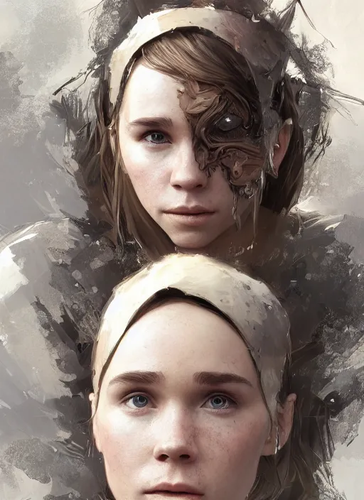 Image similar to portrait of ellen page as a legendary knight warrior, au naturel, hyper detailed, digital art, trending in artstation, cinematic lighting, studio quality, smooth render, unreal engine 5 rendered, octane rendered, art style by klimt and nixeu and ian sprigger and wlop and krenz cushart.