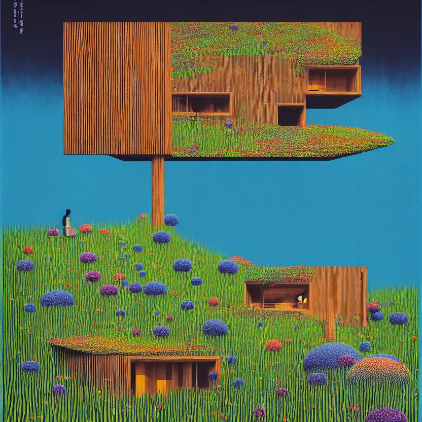 Prompt: surreal glimpse into other universe, a house by kengo kuma on an island, summer morning, very coherent and colorful high contrast, art by!!!! gediminas pranckevicius!!!!, geof darrow, floralpunk screen printing woodblock, dark shadows, hard lighting, stipple brush technique,