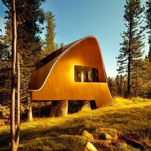 Prompt: house shaped like tree, photoreal, golden hour, sunlight, swedish forest, beautiful!!!!!!!!!