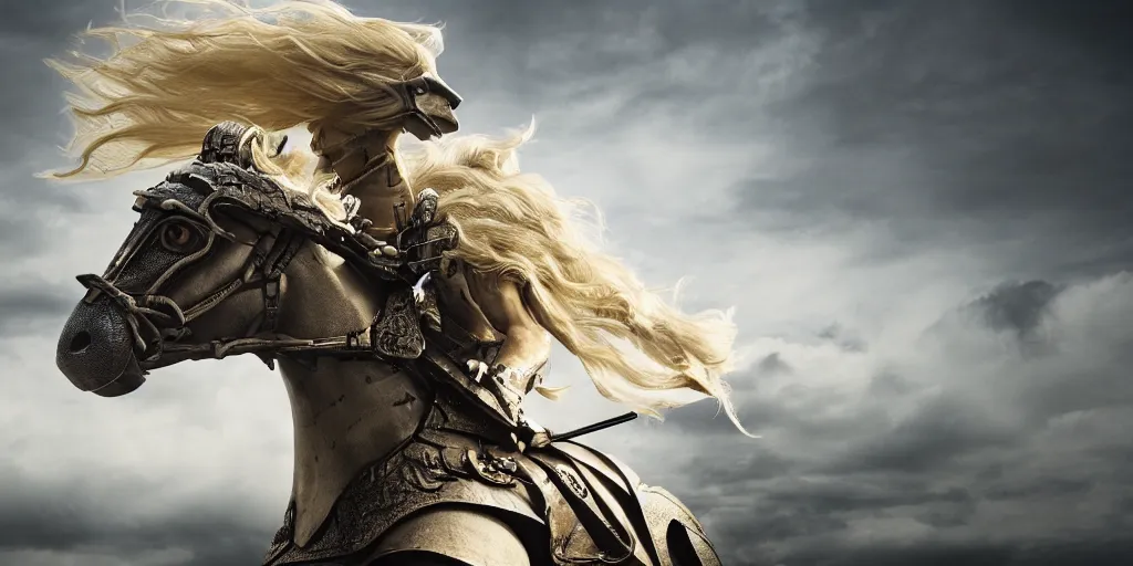 Prompt: a beautiful blond woman riding an armored griphon into battle, 8 k, moody lighting, shallow depth of field,