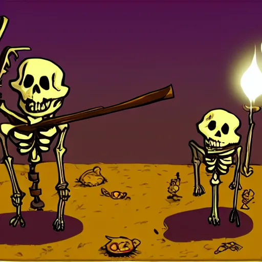 Prompt: Skeleton, armed with sword and frying pan with glowing deep purple eyes standing in front of the inn