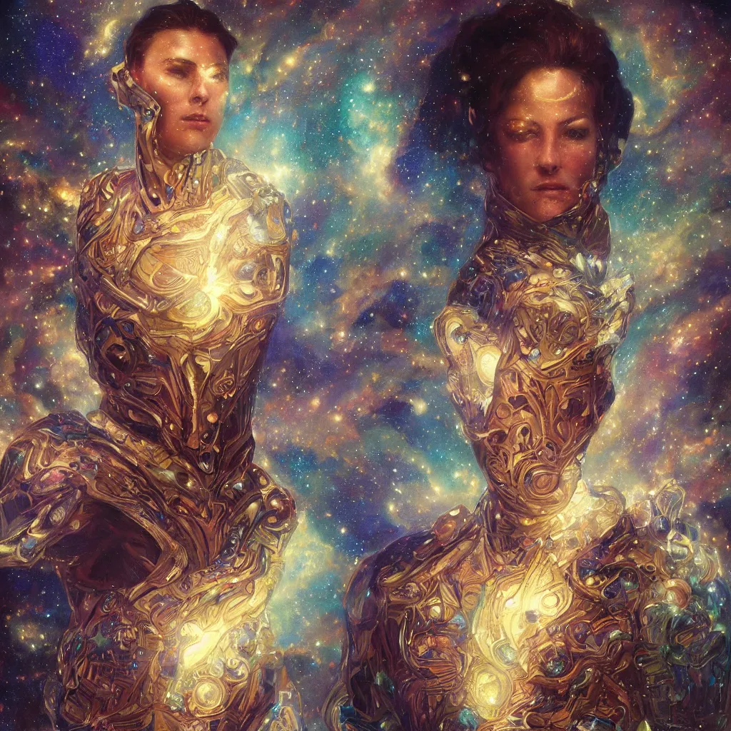 Image similar to portrait of a single cosmic god, suit made out of stars and galaxies and cosmic energy, intricate, headshot, highly detailed, digital painting, artstation, concept art, sharp focus, cinematic lighting, illustration, art by artgerm and greg rutkowski, alphonse mucha, cgsociety