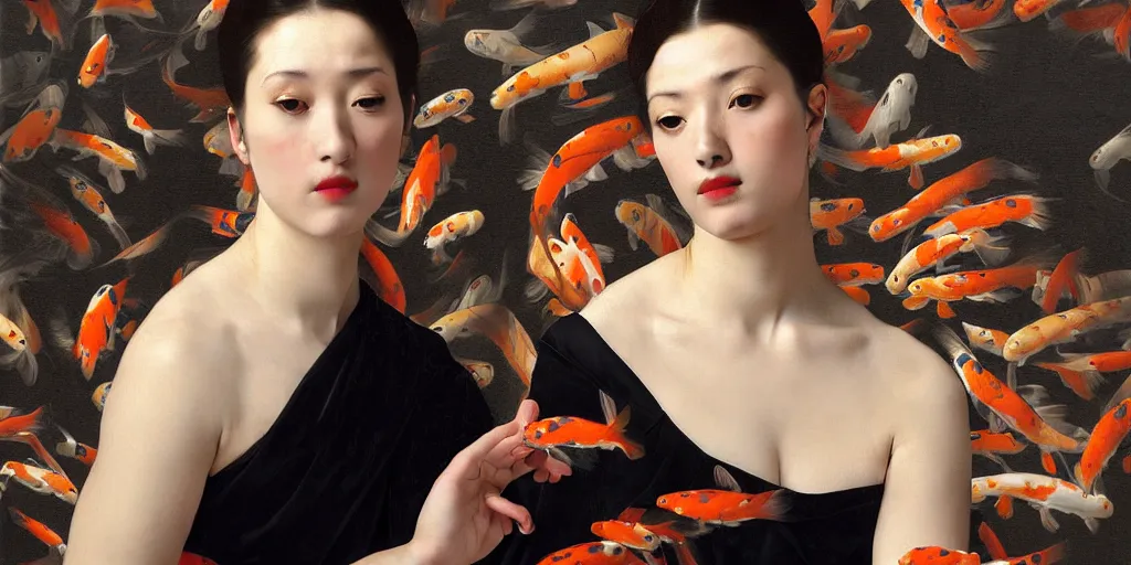 Image similar to beautiful oil matte portrait painting, woman surrounded by multiple koi fishes, wonderful masterpiece highly detailed, beautiful cinematic light deep focus, elegant, digital painting, smooth, sharp focus, golden ratio, dramatic illumination, ultra realistic, 8 k, art by artemisia lomi gentileschi and caravaggio