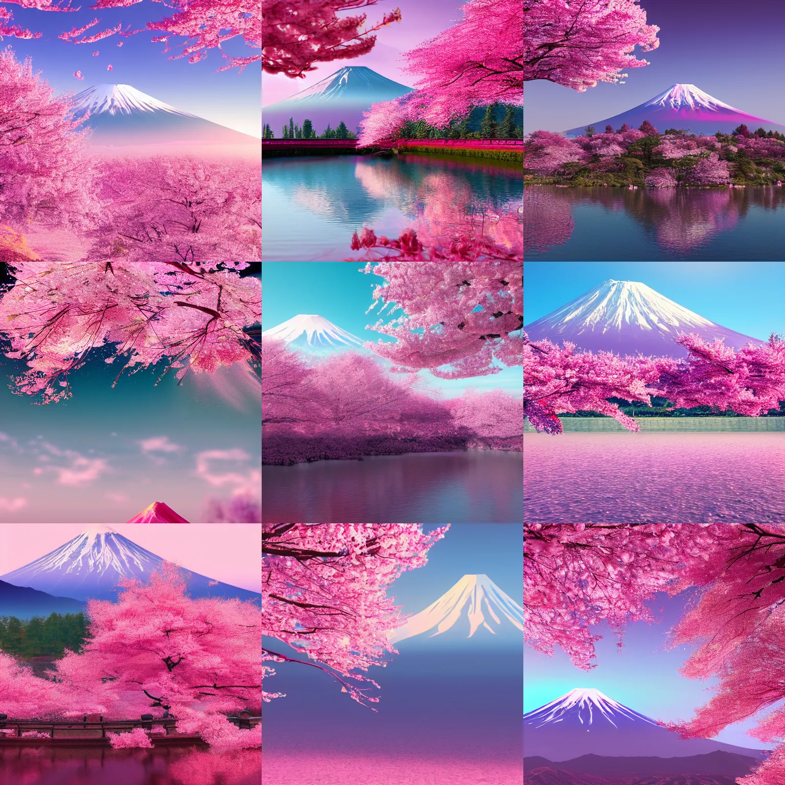 Prompt: pink color mount fuji, abstract wallpaper, hyper realistic, octane render, cherry blossoms, unreal, 8 k, 4 k, bright colors