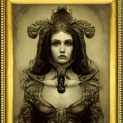 Image similar to ambrotype of a cthulhu high priestess in a baroque frame, trending on artstation, 4k