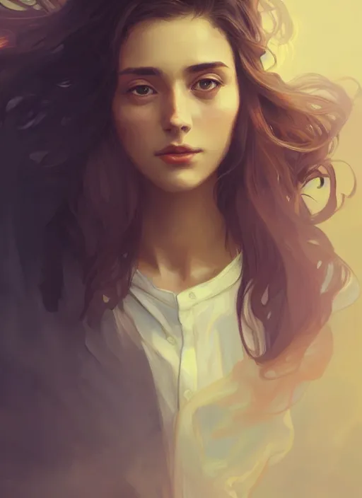 Image similar to handsome young women with shoulder length brown hair, smoke, foggy, half body shot, path traced, highly detailed, high quality, digital painting, alena aenami, lilia alvarado, shinji aramaki, karol bak, alphonse mucha, tom bagshaw