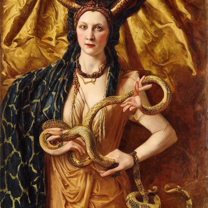 Image similar to portrait of a woman with horns and a snake around her neck, her eyes made of colorful smoke, full-length, oil painting in a renaissance style , very detailed, gold background, painted by William Clarke Wontner.