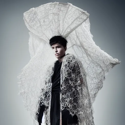 Prompt: a portrait of a beautiful young male wearing an alexander mcqueen cloak made of lace , photographed by andrew thomas huang, artistic