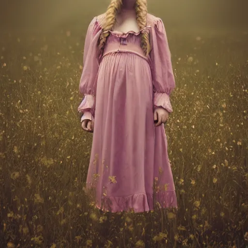 Prompt: 8 k, octane render, realism, tonalism, renaissance, rococo, baroque, cotton candy, portrait of a creepy young lady wearing long 1 9 7 0 s bohemian babydoll dress standing in a field of grass, flowers