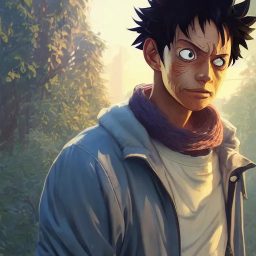 Image similar to highly detailed portrait luffy in gta v, stephen bliss, unreal engine, fantasy art by greg rutkowski, loish, rhads, ferdinand knab, makoto shinkai and lois van baarle, ilya kuvshinov, rossdraws, tom bagshaw, global illumination, radiant light, detailed and intricate environment