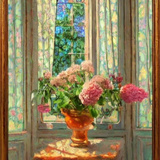 Prompt: gorgeous _ flowers _ by _ ben _ aronson _ oil _ on _ canvas _ evening _ window _ with _ art _ nouveau curtains