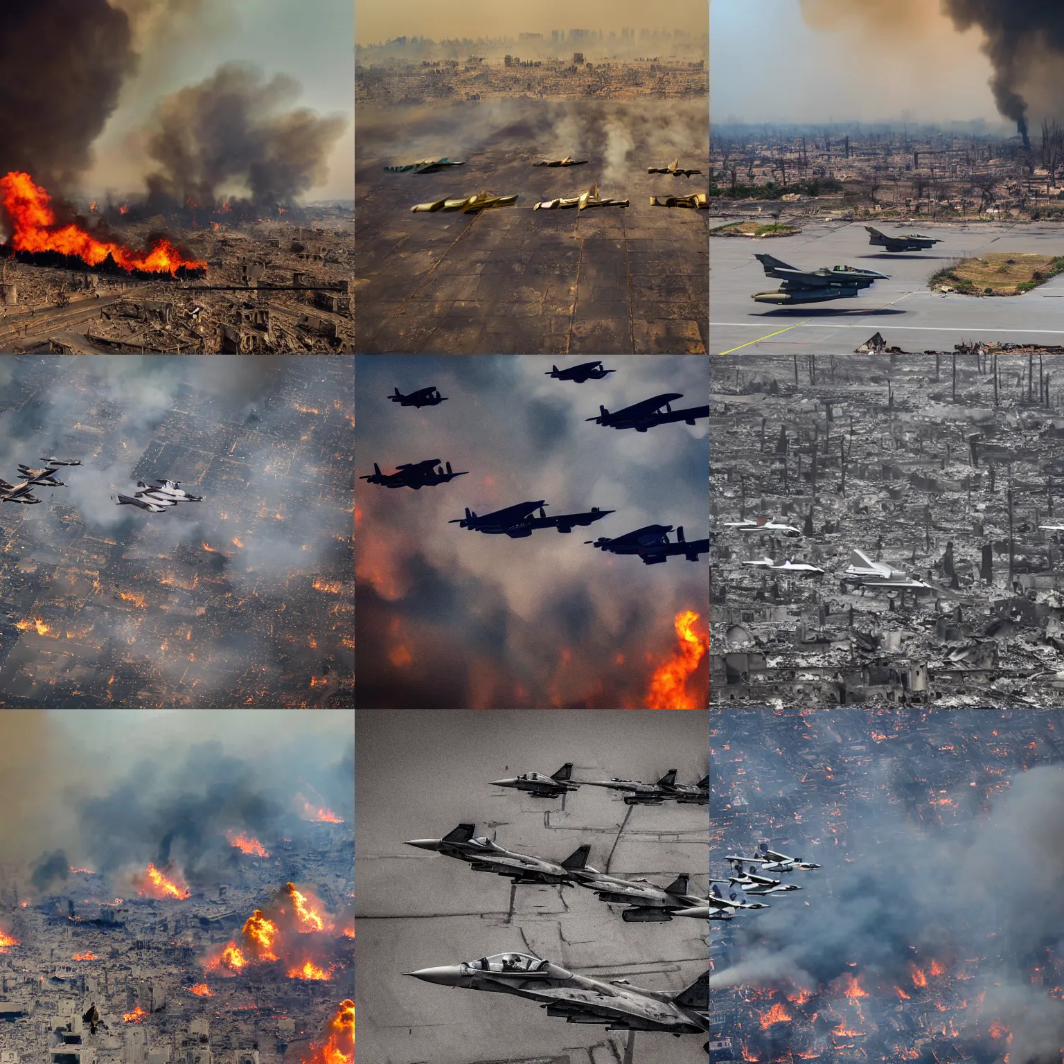 Prompt: ground landscape photograph of a group of fighter jets flying over a destroyed smoking burning city, color, reflections, motion blur, atmospheric, award winning photo, bloom