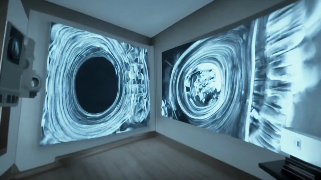 Image similar to an mri image in the living room, film still from the movie directed by denis villeneuve with art direction by salvador dali, wide lens