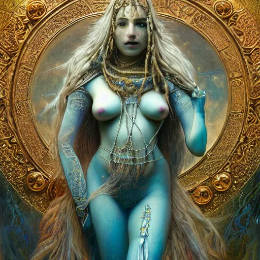 Image similar to intricate detail, hyper detail, lady of elche techno mystic goddess princess intergalactica, goddess inanna, ashteroth, with aqua neon rapunzel dreadlocks, mami wata, detailed, by gaston bussiere, bayard wu, greg rutkowski, h. r. giger, greg rutkowski, sandro botticelli, masterpiece, sharp focus,