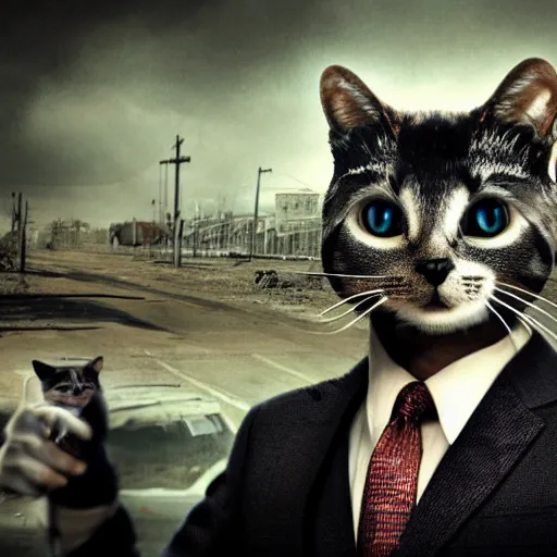 Prompt: photorealistic anthropomorphic cat, wearing black business suit, holding illuminati hand symbol, post apocalyptic cinematic photorealistic background, still