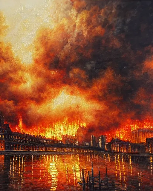 Prompt: oil painting landscape great fire of london, high production value, intricate details, high resolution, hdr, high definition, masterpiece, realistic, ultrarealistic, highly detailed, hd, sharp focus, non blurry, sharp, smooth